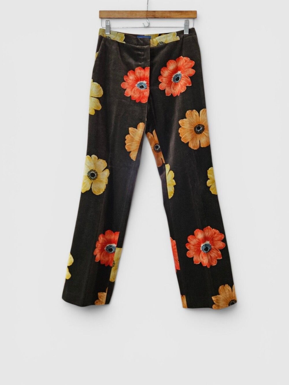 J. Mclaughlin Brown Velvet Retro Floral Flat Front Straight Leg Trouser Pants 6